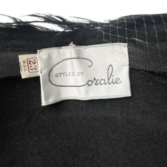 Vintage 1950s Coralie Feathered Pillbox Hat Black Velour with Veil & Rhinestones - Picture 13 of 15